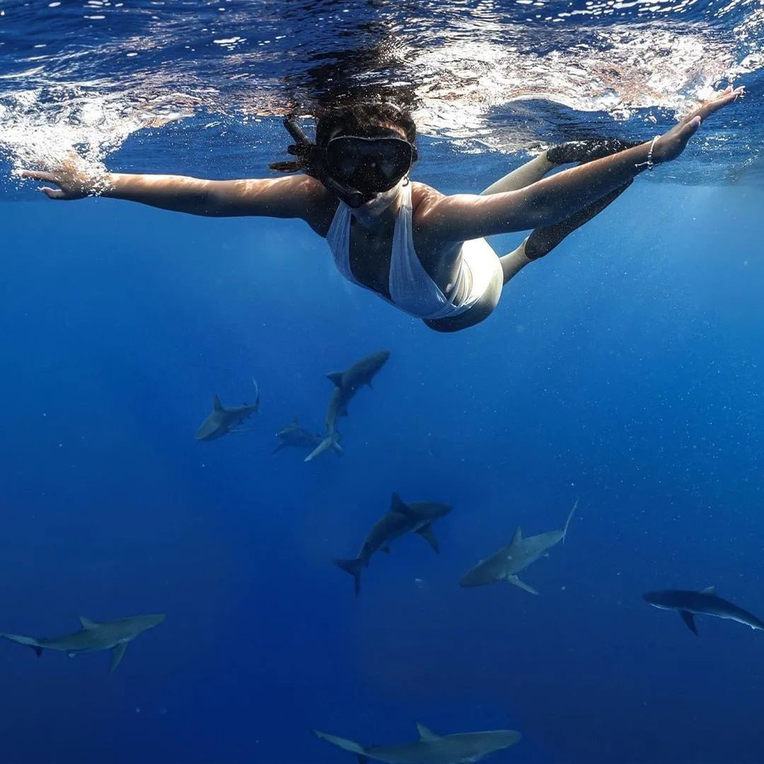 A beautiful underwater photo of a young woman on a Hawaii shark diving tour in a white bathing suite and snorkel gear is posing at the camera with her arms spread wide. She's floating at the surface of the open ocean and a group of eight large darg grey sharks can be seen swimming just bleow and behin her. She's swimming with the sharks without a cage.